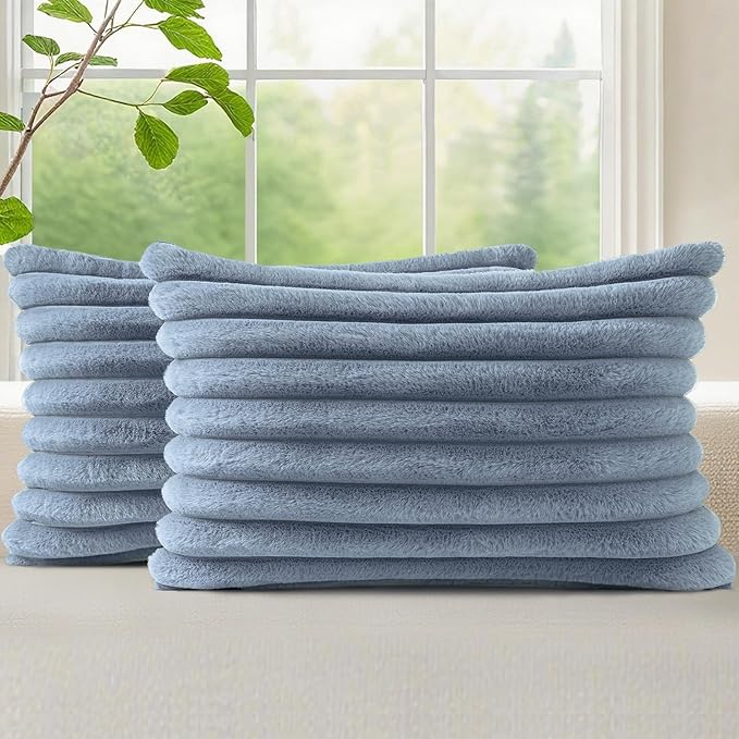 decorUhome Fall Cozy Faux Fur Throw Pillow Covers 12x20 Set of 2 Decorative Soft Plush Striped Lumbar Modern Farmhouse Boho Couch Pillow Cases with Velvet Back for Sofa Bed Living Room, Grey Blue