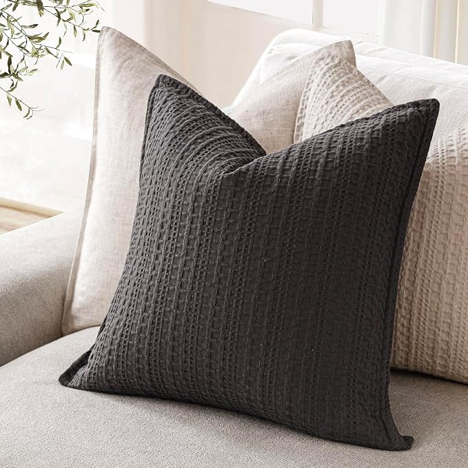 Foindtower Set of 2 Decorative Cotton Waffle Weave Throw Pillow Covers Euro Shams Cushion Covers Accent European Pillowcase for Bed Couch Sofa Bedroom Living Room Home Decor 24×24 Inch Dark Grey