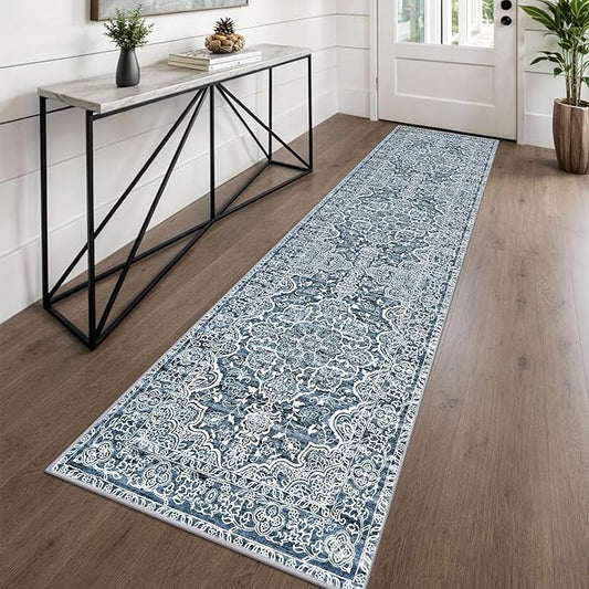 KUTA Vintage Floral Washable Runner Rug, 2x8 Blue White Runners for Hallways Non-Slip Kitchen Rugs Ultra Soft Printed Distressed Tribal Floor Carpet for Bedroom Living Room Nursery Playroom