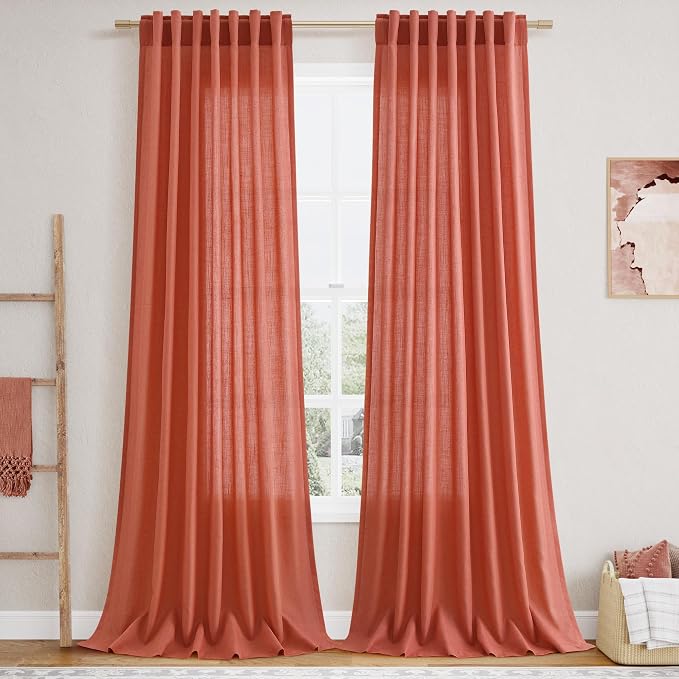 Nanspring Coral Linen Curtains 90 Inch Length 2 Panel Set Back Tab Rod Pocket Semi Sheer Light Filtering Neutral Boho Farmhouse Lightweight Drapes for Bedroom and Living Room 52x90