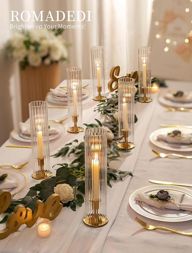 Romadedi Hurricane Glass Candle Holder: Set of 10 Gold Taper Candle Sticks Holder with Ribbed Cylinder Cover & Weighted Base for Table Centerpiece Wedding Christmas Party Outdoor