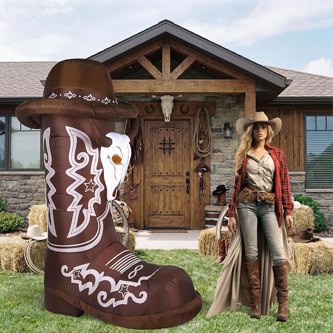 MiniInflat 7ft Inflatable Western Boots with Built in LED Lights Blow up Boots Decoration for Western Cowboy Cowgirl Birthday Baby Shower Party Indoor Outdoor Yard Decor(Cowboy)
