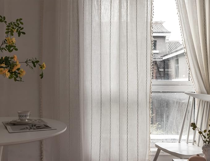 RoomTalks Extra Long White Boho Farmhouse Curtains for Bedroom Living Room 96 Inch Length 2 Panels Cute Textured Window Curtain Panels Embroidery Shabby Chic Tassel Draperies
