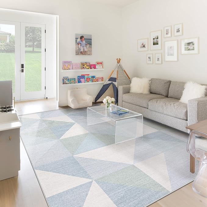 Washable Rug 8x10 Area Rugs: Modern Geometric Area Rug for Living Room Non-Slip Neutral Soft Carpet Low Pile Stain Resistant Indoor Rugs for Bedroom Nursery Dining Room Office (Light Blue, 8'X10')