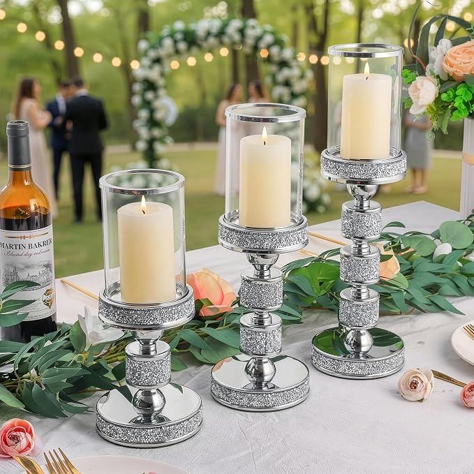 Hurricane Candle Holder, 15.9" Tall Metal Candle Stand, Glass Pillar Candle Holders Crystal Silver Decorative Centerpieces for Table, Wedding and Dining Room (Fits Candles up to 3"x5", 3pcs, S+M+L)
