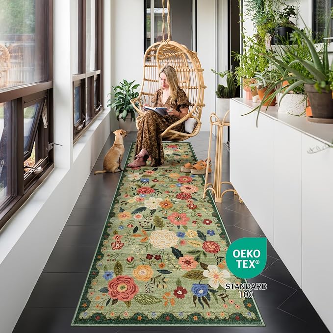 2.6x8 Machine Washable Runner Rug, Kitchen Hallway Area Rug Light Green Vintage Boho Floral Ultra Non-Slip Low Pile Soft Faux Wool Carpet Kids and Pets Friendly for Bedroom Entryway Nursery Decor Rug