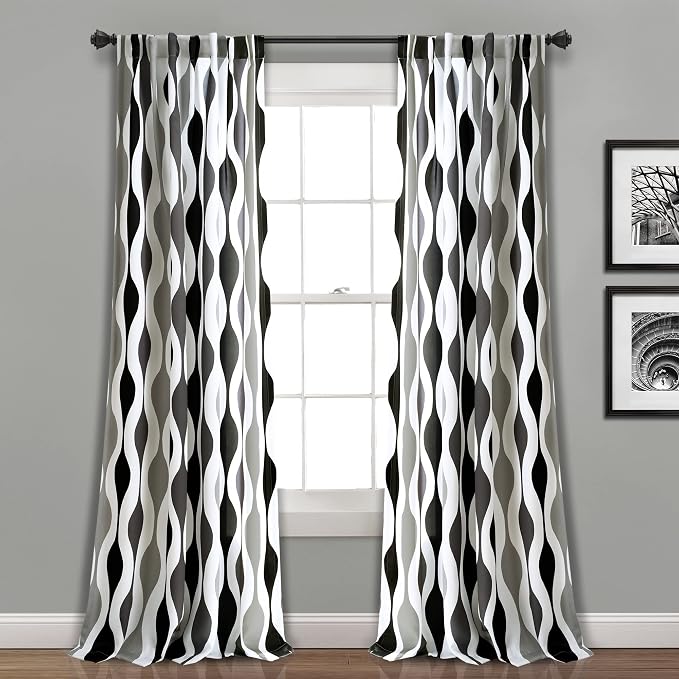 Lush Decor Mid Century Geo Room Darkening Window Curtain Panels Pair 52" W x 108" L Black & Gray - Retro Curtains for Living Room - Vintage Drapes