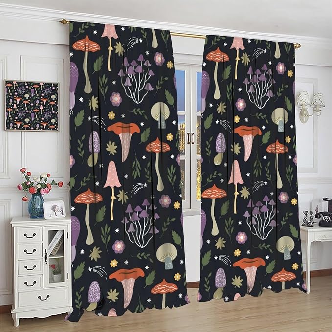 Mushroom Curtains,Colorful Plant Forest Botanical Print Window Treatments for Bedroom Living Room Kitchen Cartoon Herbs Floral Window Drapes 2 Panels Set,Total Size 84 x 84 Inch