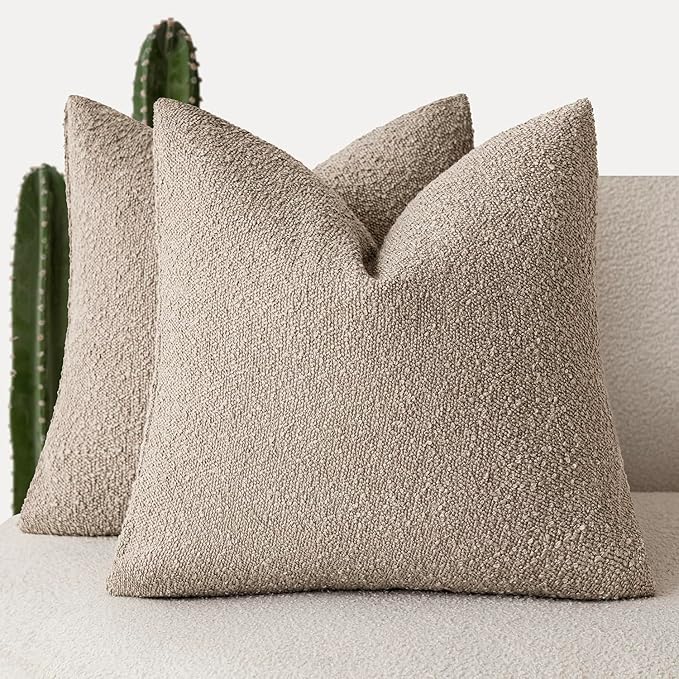 Foindtower Set of 2, Decorative Textured Boucle Throw Pillow Covers Accent Solid Pillow Cases Neutral Cozy Couch Cushion Case for Chair Sofa Bedroom Living Room Home Decor 26x26 Inch Light Khaki Tan
