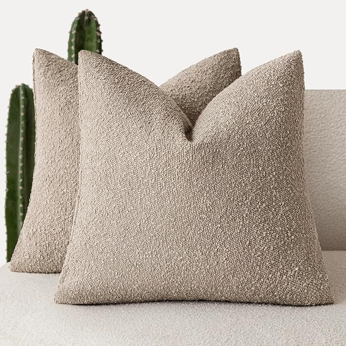 Foindtower Pack of 2, Decorative Textured Boucle Throw Pillow Covers Neutral Accent Solid Pillow Cases Soft Couch Cushion Case for Chair Sofa Bedroom Living Room Home Decor 22x22 Inch Light Khaki Tan