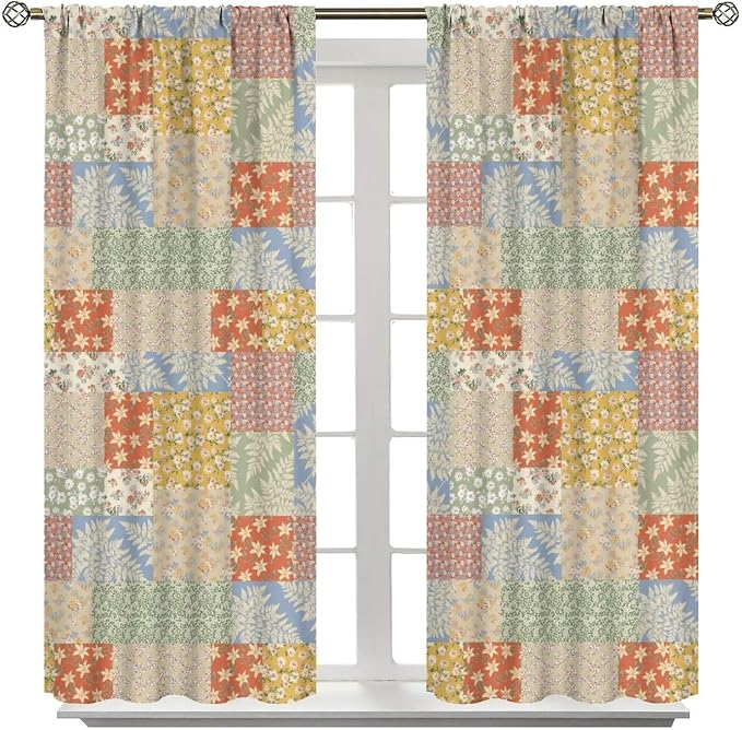 Boho Patchwork Floral Blackout Curtains Pieced Patchwork Plaid Design Farmhouse Yellow Print Window Drapes for Bedroom Living Room Kitchen Cafe （W26xL84 Inch） x2 Panels