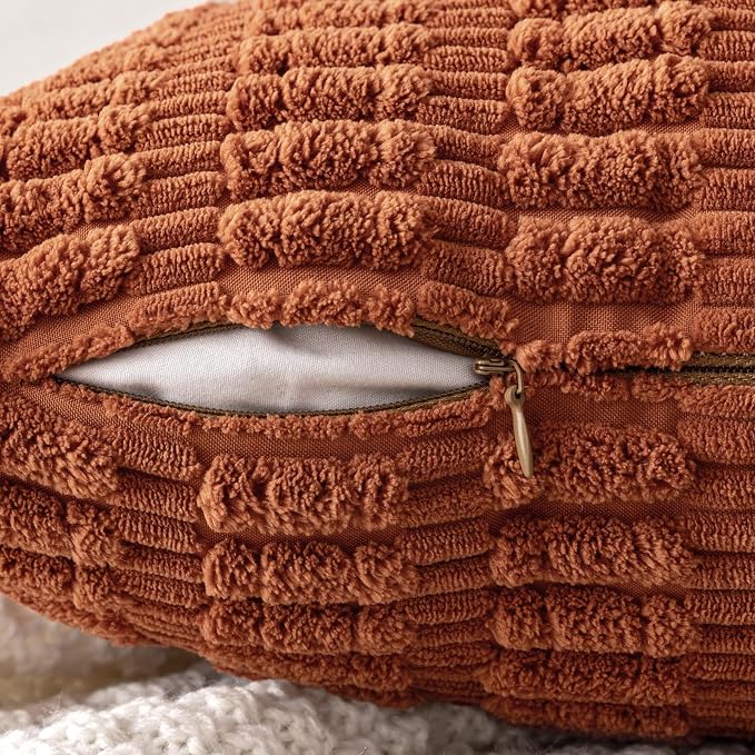 MIULEE Fall Pack of 2 Dark Rust Corduroy Decorative Euro Sham Pillow Covers 26x26 Inch Soft Boho Striped Throw Pillow Covers Modern Farmhouse Home Decor for Sofa Living Room Couch Bed