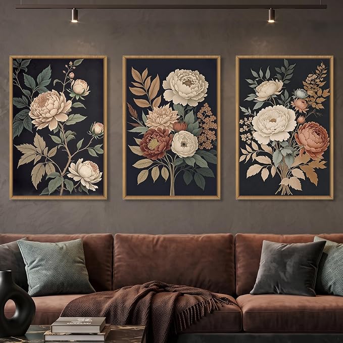 HOURIA Large Moody Dark Flower Framed Canvas Wall Art,Retro Beige Red Peony Wall Decor,Vintage Textured Blossom Botanical Artwork,Natural Wildflower Art Print for Living Room,Bedroom,Office-16 x24 x3