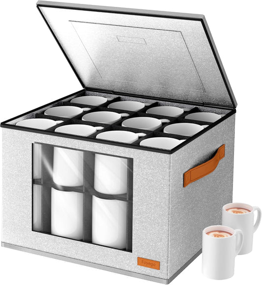 2-Layer Coffee Mug Storage Box with Dividers, Cup Storage Organizer with Zipper Lid and Handles, Stackable China Storage Containers Service for 24 Mugs, Cups and Glasses, Light Grey