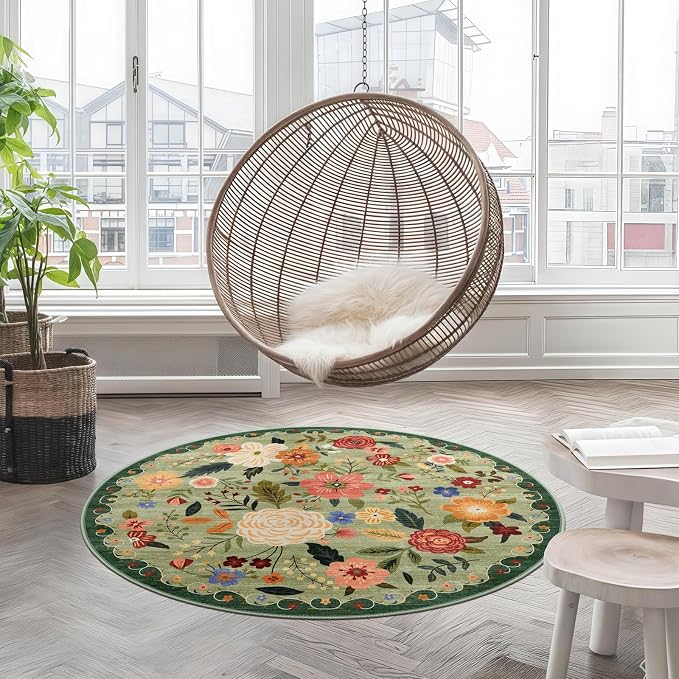 4ft Round Machine Washable Area Rug for Living Room, Light Green Vintage Boho Floral Rug Non-Slip Low Pile Soft Faux Wool Carpet Kids and Pets Friendly for Bedroom Nursery Farmhouse Home Decor Rug
