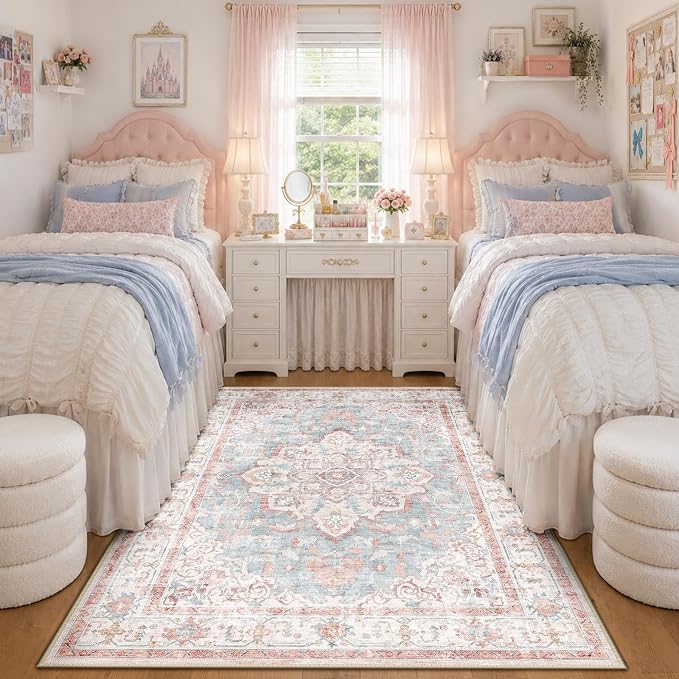 CAPALOCA Machine Washable Rugs Nursery Rug 4x6 Cute Girl Non Slip Low Pile Water Repellent Soft Print Pattern for Bedroom Indoor Decor Kids Playroom Pink Blue
