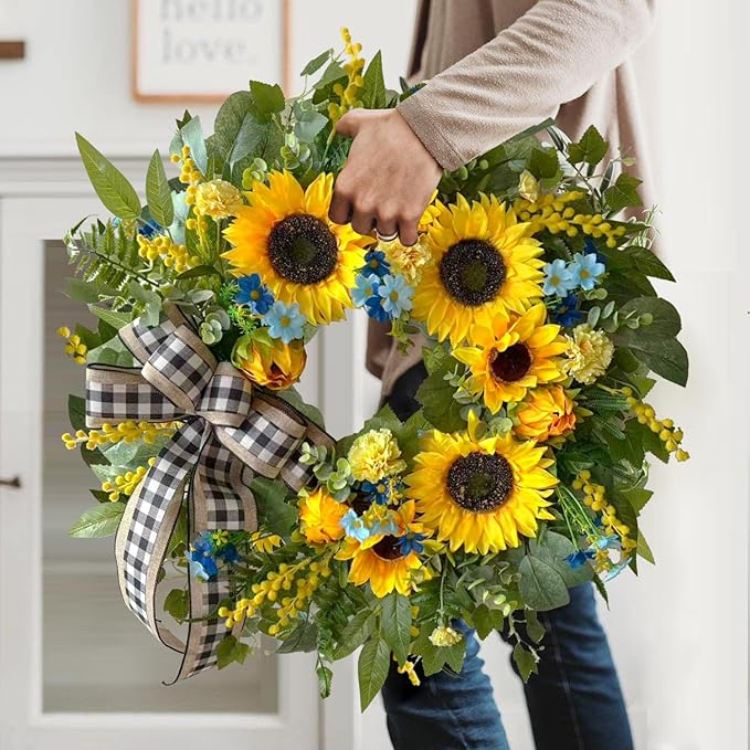 WANNA-CUL 24 Inch Summer Sunflower Wreath Linen Ribbon Front Door Wreath | Classic Farmhouse Door Wreath For Spring,Porch Indoor & Outdoor Mother's Day Decor With Daisies And Buffalo Check Ribbon.