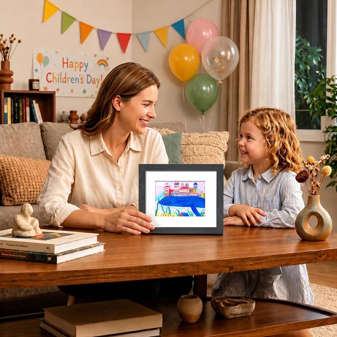 KINLINK 8.5x11 Kids Art Frame 2 Pack, Solid Wood Artwork Frames Changeable, Front Opening Hold 150 Pictures, Art Frames for Kids Artwork, 6x9 with Mat 8.5x11 without Mat, Picture Frames Black Wood