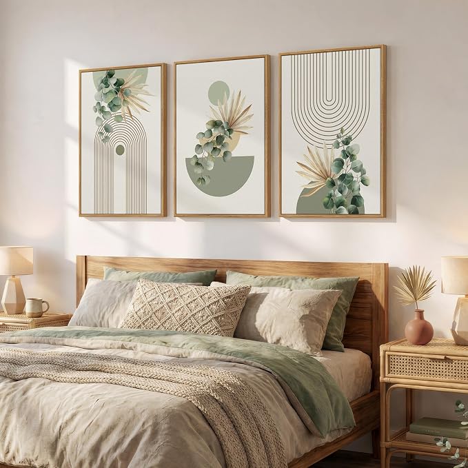 Framed Green Boho Wall Art for Living Room, 3 Piece Bohemian Botanical Canvas Painting Prints, Modern Geometric Eucalyptus Leaf Large Pictures for Bedroom Dining Room Office Wall Decor, 16x24 Inch