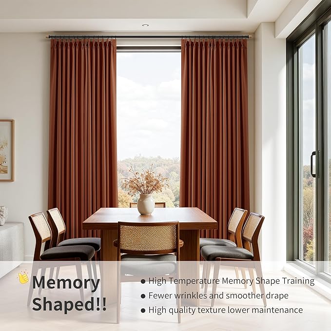 Pinch Pleated 100% Blackout Linen Curtains 120 Inches Long Insulated Thermal Soundproof Full Blackout Drapes for Bedroom Living Room Darkening Extra Long Terracotta Pinch Pleat Linen Curtains 40x120