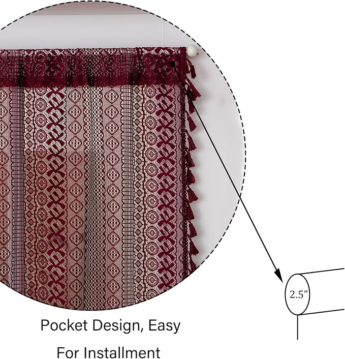 Sutuo Home Burgundy French Door Curtains for Front Door Glass & Sidelights, Farmhouse Light Filtering Bohemian Tassels Vintage Privacy Red Drapes for Window, Rod Pocket 2 Panels 25" W x 72" L