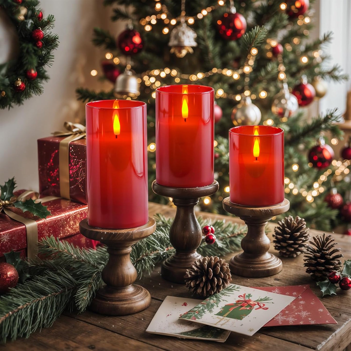 Homemory Red Glass Flameless Candles, Battery Operated LED Pillar Candles with Remote Control and Timer, Radiance Candles, Real Wax, Set of 3,D3 xH4 5" 6"