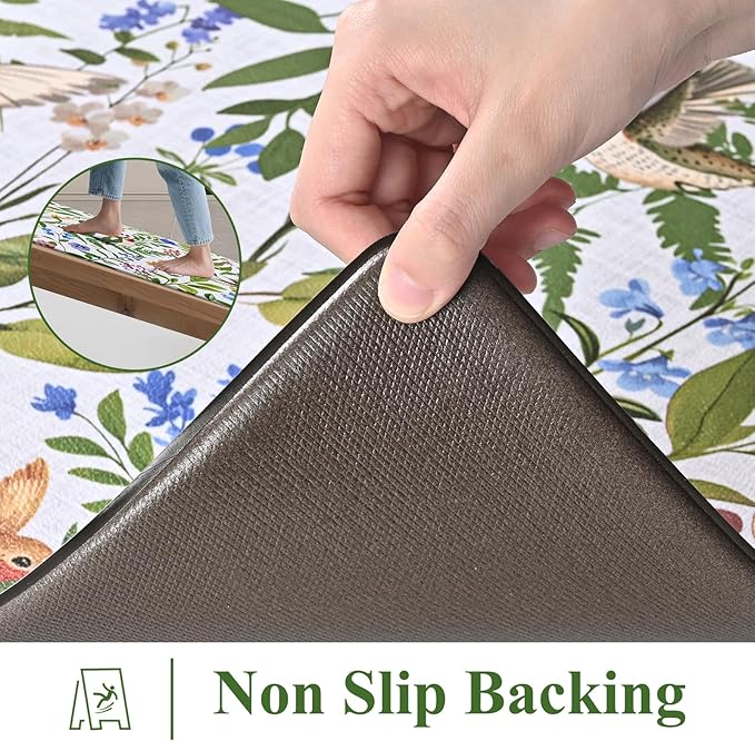 Yinhua White Kitchen Mats for Floor Sets of 2, Floral Anti Fatigue Mats for Kitchen Floor Rug Cushioned, Farmhouse Kitchen Rugs Non Slip, Bird Waterproof Mat for Laundry Office, 17.3"×30"+17.3"×47"