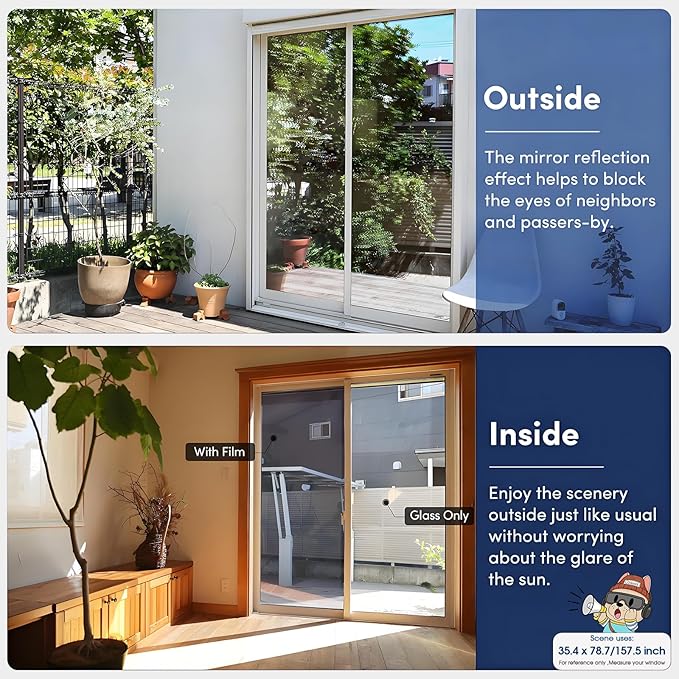 Coavas One Way Privacy Window Film, Heat Control Window Tint for Home, Sun Blocking Reflective Window Film See Out Not in, Anti UV Static Cling for Windows Office Door (Black, 17.5 x 78.7 inches)