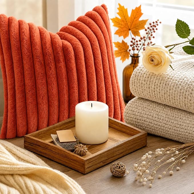decorUhome Fall Cozy Faux Fur Throw Pillow Covers 26x26 Set of 2 Decorative Soft Plush Striped Modern Farmhouse Boho Couch Euro Sham Pillow Cases with Velvet Back for Sofa Bed Living Room, Rust