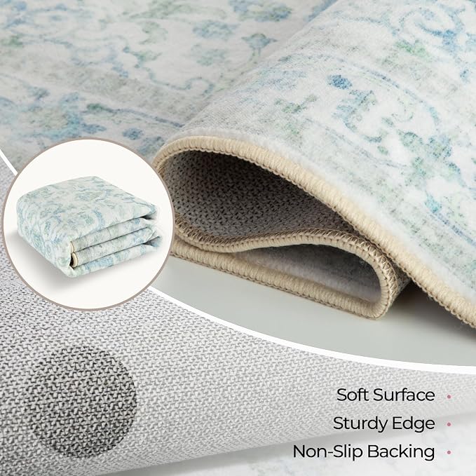 CAPALOCA Machine Washable Rugs Nursery Rug 5x8 Cute Girl Non Slip Low Pile Water Repellent Soft Print Pattern for Bedroom Indoor Decor Kids Playroom Green Blue