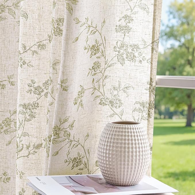 jinchan Green Floral Linen Curtains 84 Inch Flower Drapes Back Tab 2 Panels | Green on beige, light filtering, semi sheer, farmhouse, rustic, country, bedroom, living room, kitchen, window treatment