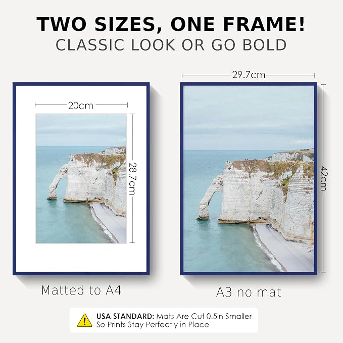 A3 Picture Frame 11.7x16.5 for A4 8.3x11.7 Photo, Aluminum Frame, Navy Blue | Sleek Metal Frame for Wall, Desk & Gift | Beveled Glass & Hardware, Minimalist