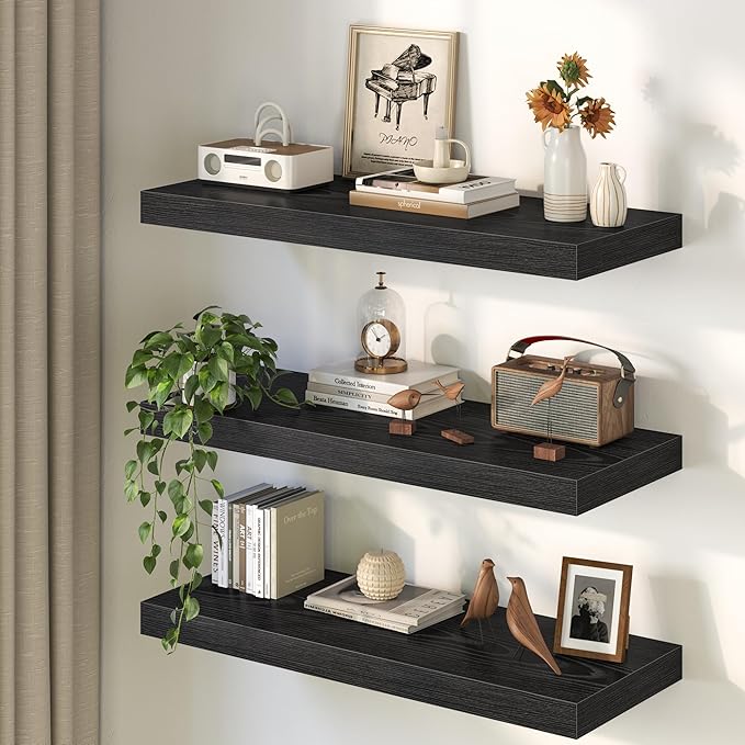40Inch Black Floating Shelves for Wall, 12 Inch Deep Shelves for Bedroom, Kitchen, Bathroom Wall Mounted, Rustic Wood Floating Shelf with Invisible Brackets for Books, Storage, Decor, 2 Packs