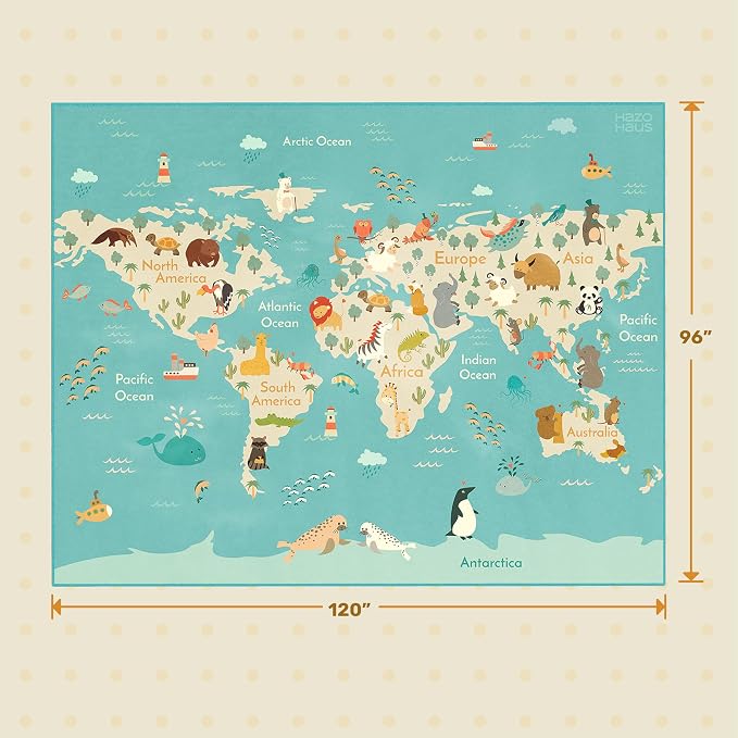 Large 8x10 Playroom Rugs - Kids Area Rug for Classroom Elementary, Bedroom, Living Room, Washable Soft Cute World Map Carpet with Ocean, Continents & Animals