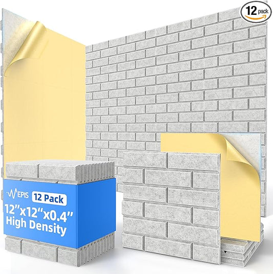 12 Pack Acoustic Panels with Self Adhesive, 12" X 12" X 0.4" High Density Sound Proof Foam Panels for Walls, Soundproof Wall Panels, Brick Sound Absorbing Panels for Home Studio Office Decor - Gray