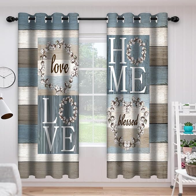 Rustic Floral Flower Sweet Love Home Blackout Curtains, Farmhouse Country Vintage Wood Plank Door Grommet Window Drapes for Living Room Bedroom Decor 2 Panels 52"x96" Inch