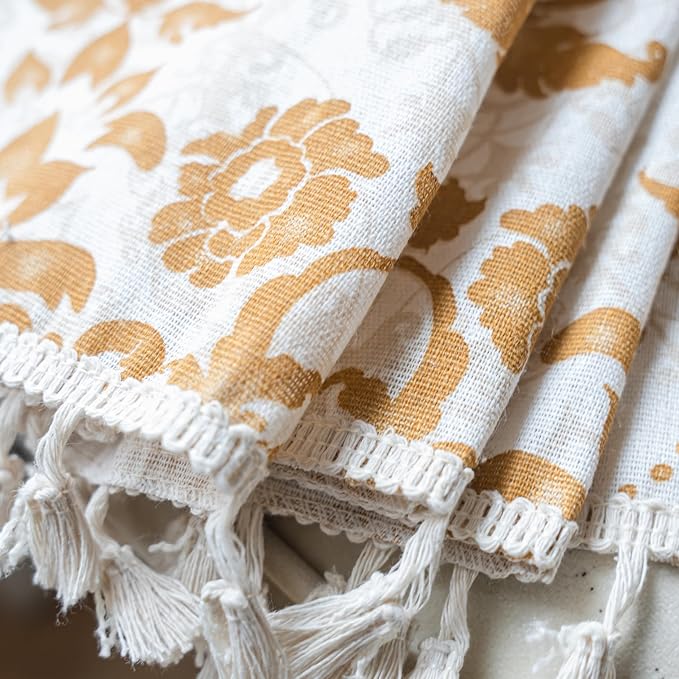 Sutuo Home Boho Curtains 84 Inches Length for Bedroom Living Room, Printed Moroccan Cotton Linen Rod Pocket Rustic Farmhouse Bohemian Tassels Window Treatment, 1 Panel 59" W x 84" L, Brown Damask