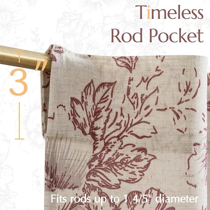 jinchan Linen Floral Tier Curtains 24 Inch Farmhouse Botanic Cafe Curtains Light Filtering Drapes for Small Windows Back Tab Half Window for Kitchen Living Room Bathroom 2 Panels Red