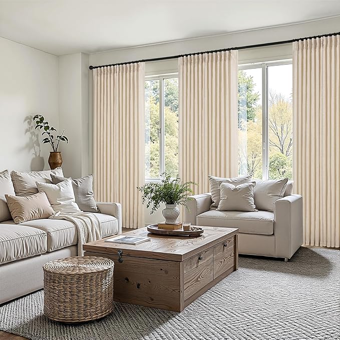 Topfinel Sand Beige Pinch Pleated Linen Curtains 84 Inch Length 2 Panels for Bedroom Living Room Textured Semi Sheer Window Curtain Boho Neutral Back Tab Pinch Pleat Drape with Hooks 84 Inches Long
