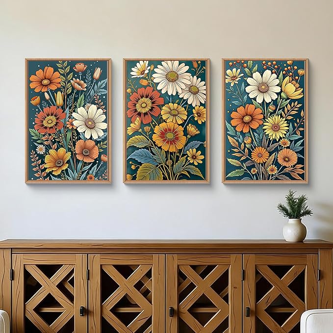 HOURIA Spring Boho Vintage Floral Framed Canvas Wall Art Set,Nordic Retro Colorful Wildflower & Green Leaves Wall Decor,Abstract Vibrant Bouquet Botanical Artwork for Living Room, Bedroom,Farmhouse-24"x36"x3