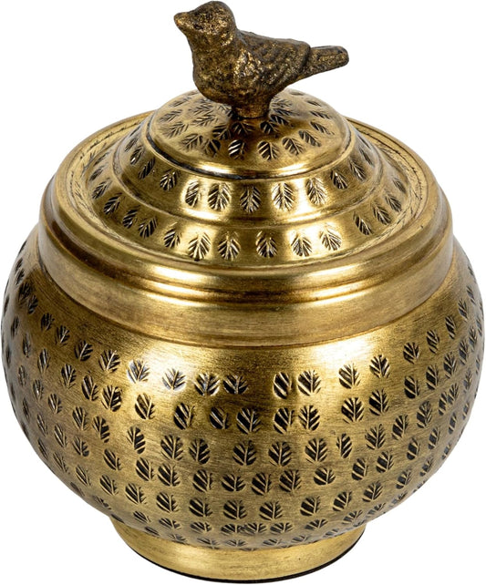 Creative Co-Op Round Hammered Metal Container with Bird Finial, Brass Finish