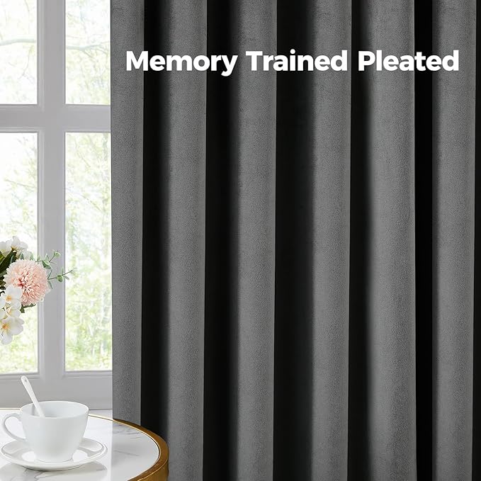 Pinch Pleated Blackout Curtains for Bedroom, Grey Velvet Curtains for Living Room, Black Out Curtain 90 inch Long Room Darkening, Blackout Pinch Pleatd Drapes with Hooks 2 Panels