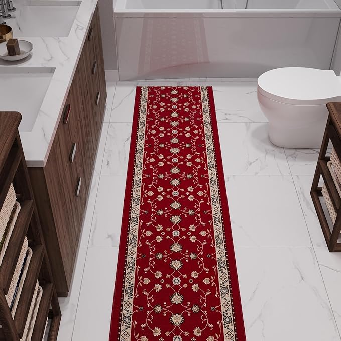 Ottomanson Hallway Runner Rug 2'7" x 10' – Soft Non-Slip Rug, Low Pile Carpet for Entryway, Kitchen & Long Hallways in Apartments and Homes, Mahal Red