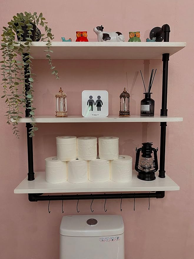 30 inch Retro White Rustic Bathroom Shelves Farmhouse Pipe Wall Shelves | Industrial Pipe Shelving Floating Shelves with Towel Rack for Kitchen Storage,Living Room,Bedroom
