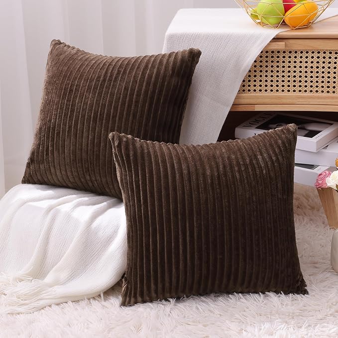 Simmore Decorative Fall Throw Pillow Covers 24x24 Set of 2, Soft Natural Plush Flannel Double-Sided Fluffy Couch Euro Sham Pillow Covers for Sofa Living Room, Brown