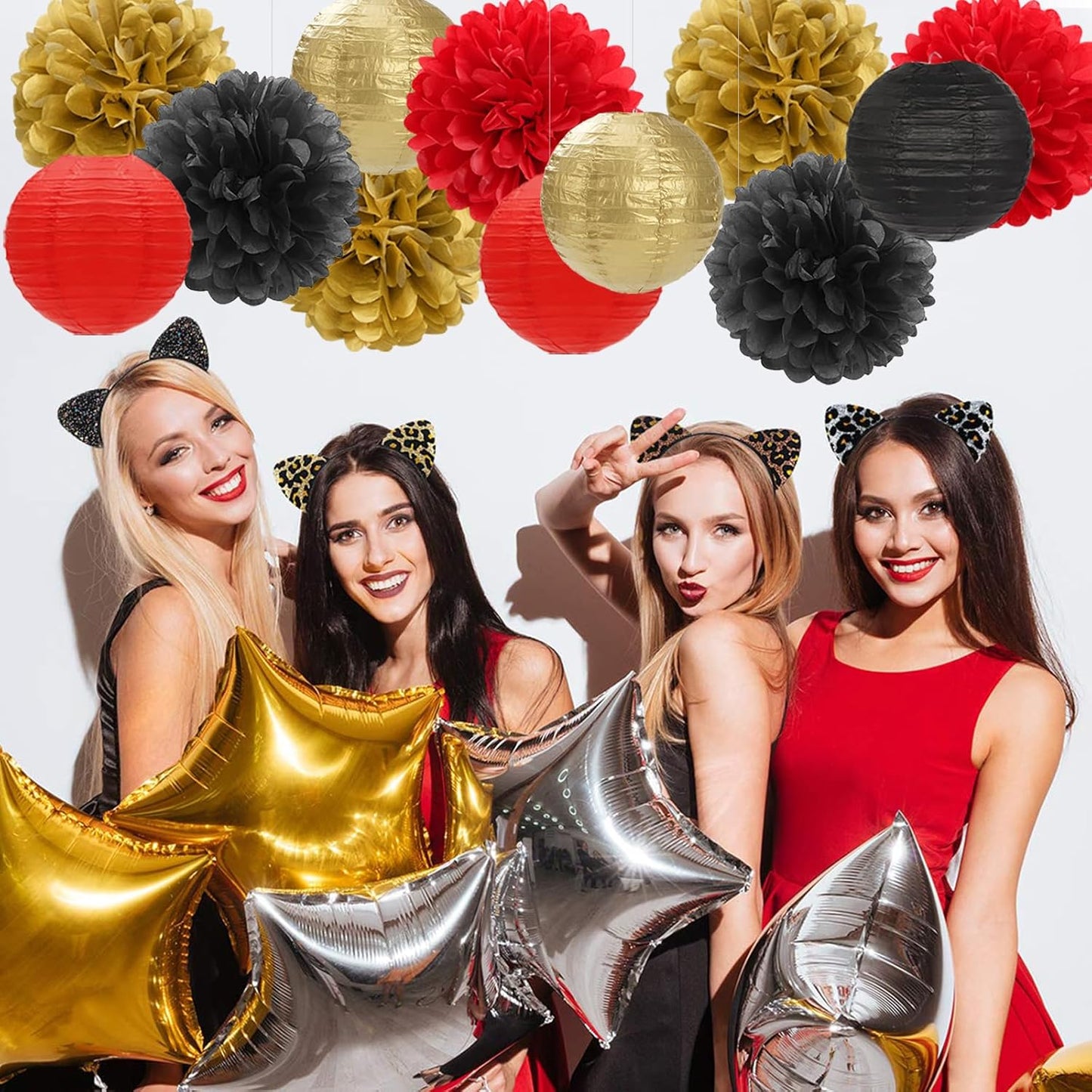 Red-Black Gold Party-Decorations Paper Flowers Lanterns - 15PCS Casino Theme Halloween Tissue Pom Poms Streamers,Game Night Women Men Birthday Wedding Bachelorette Hanging Supplies Decor Hugfond