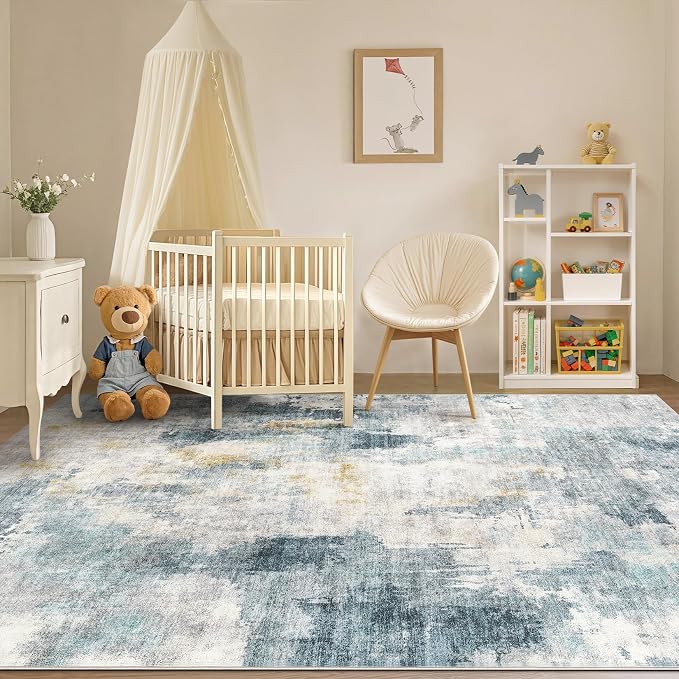 Tortania Washable 6x9 Area Rug for Living Room: Modern Abstract Neutral Large Soft Thin Rugs - Non Slip Indoor Carpet for Bedroom Dining Room Office Nursery Home Floor Decoration - Blue