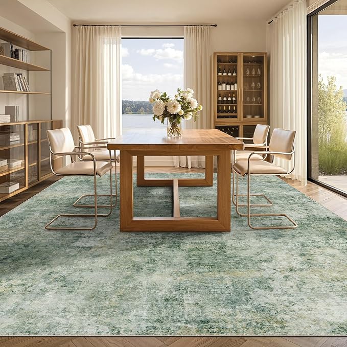 Tortania Washable 7x9 Area Rug for Living Room: Modern Abstract Neutral Large Soft Thin Rugs - Non Slip Indoor Carpet for Bedroom Dining Room Office Nursery Home Floor Decoration - Olive Green