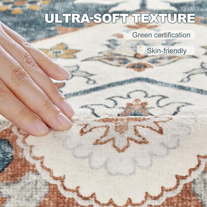 5x7 Washable Area Rug: Vintage Neutral Soft Non Slip Thin Large Floor Carpet for Living Room Bedroom Kitchen Dining Room Home Office Farmhouse Indoor - Blue