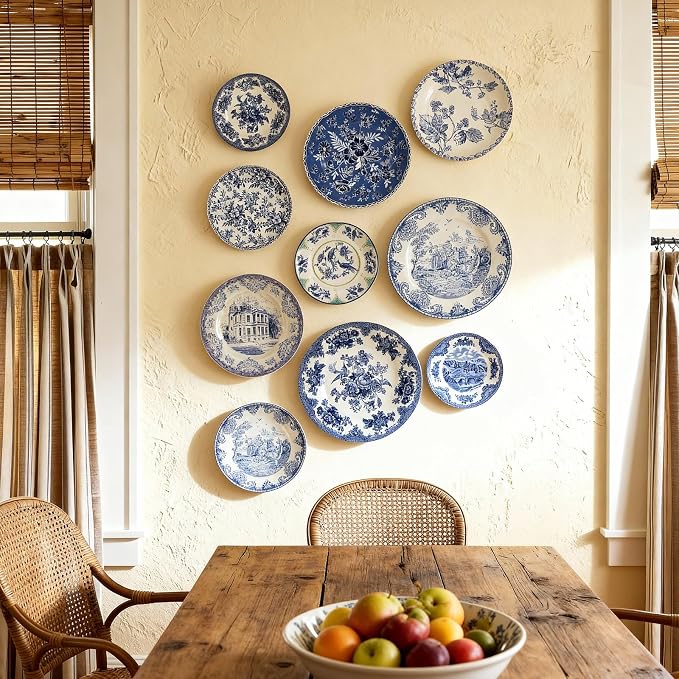 10 Pcs Coastal Vintage Ceramic Wall Plates Set, Blue and White Decoration Hanging Plates with Botanical Patterns, Holland Vintage Gifts for Wall, Home Office Art Ornament(Retro)